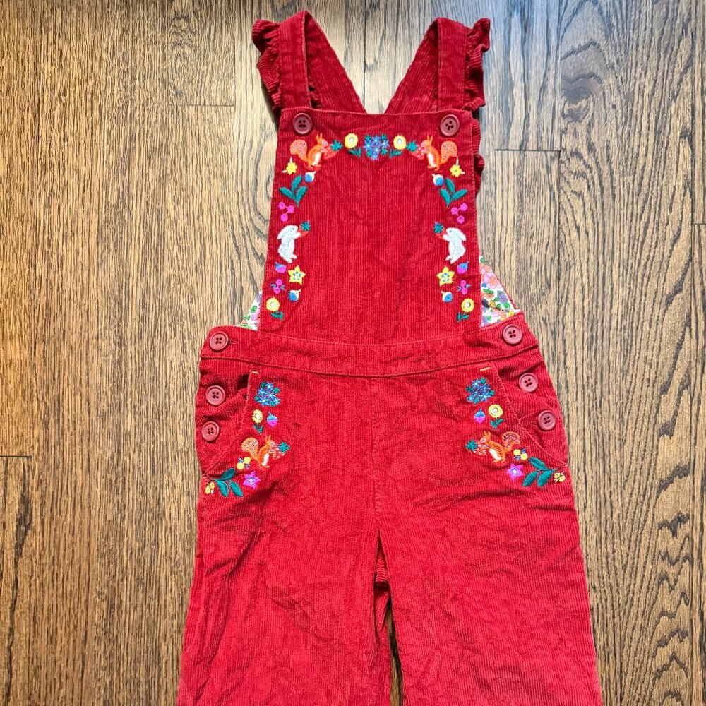 Mini Boden Corduroy Overalls with Embroidery & Ruffle Straps - 3-4y - Red